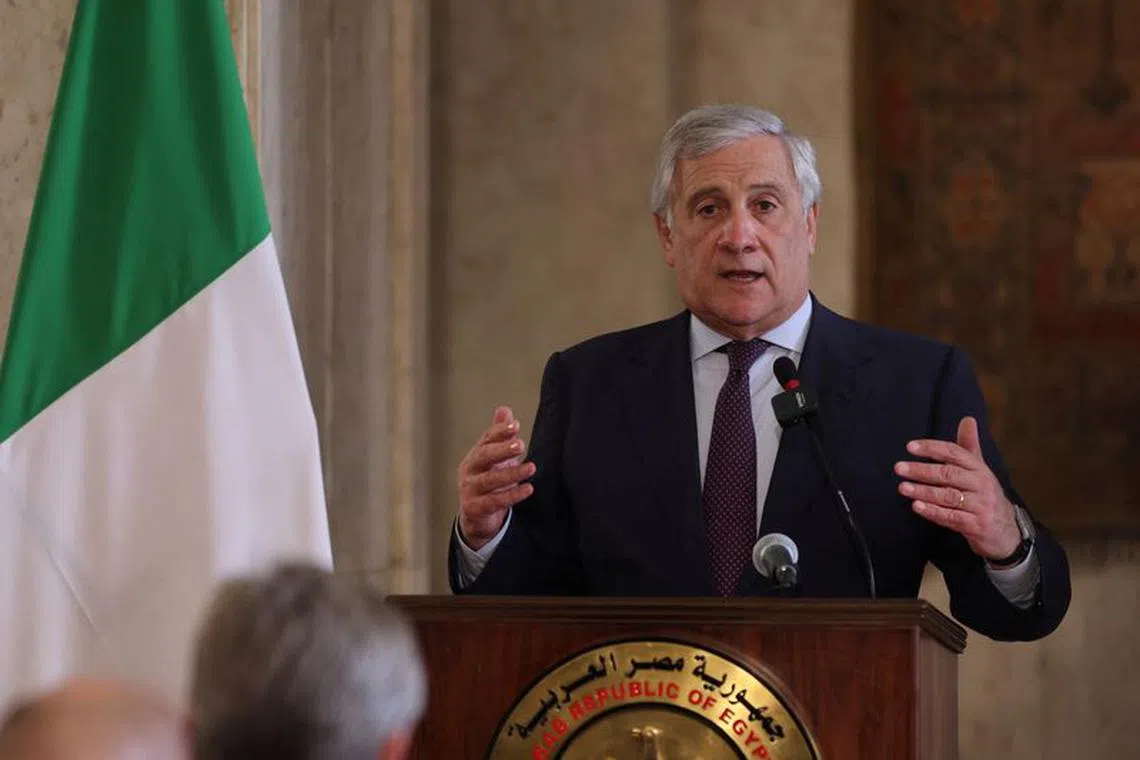 Italian Foreign Minister Antonio Tajani speaks as he attends a press conference with Egyptian Foreign Minister Sameh Shoukry (not pictured), in Cairo, Egypt, October 11, 2023. REUTERS/Mohamed Abd El Ghany