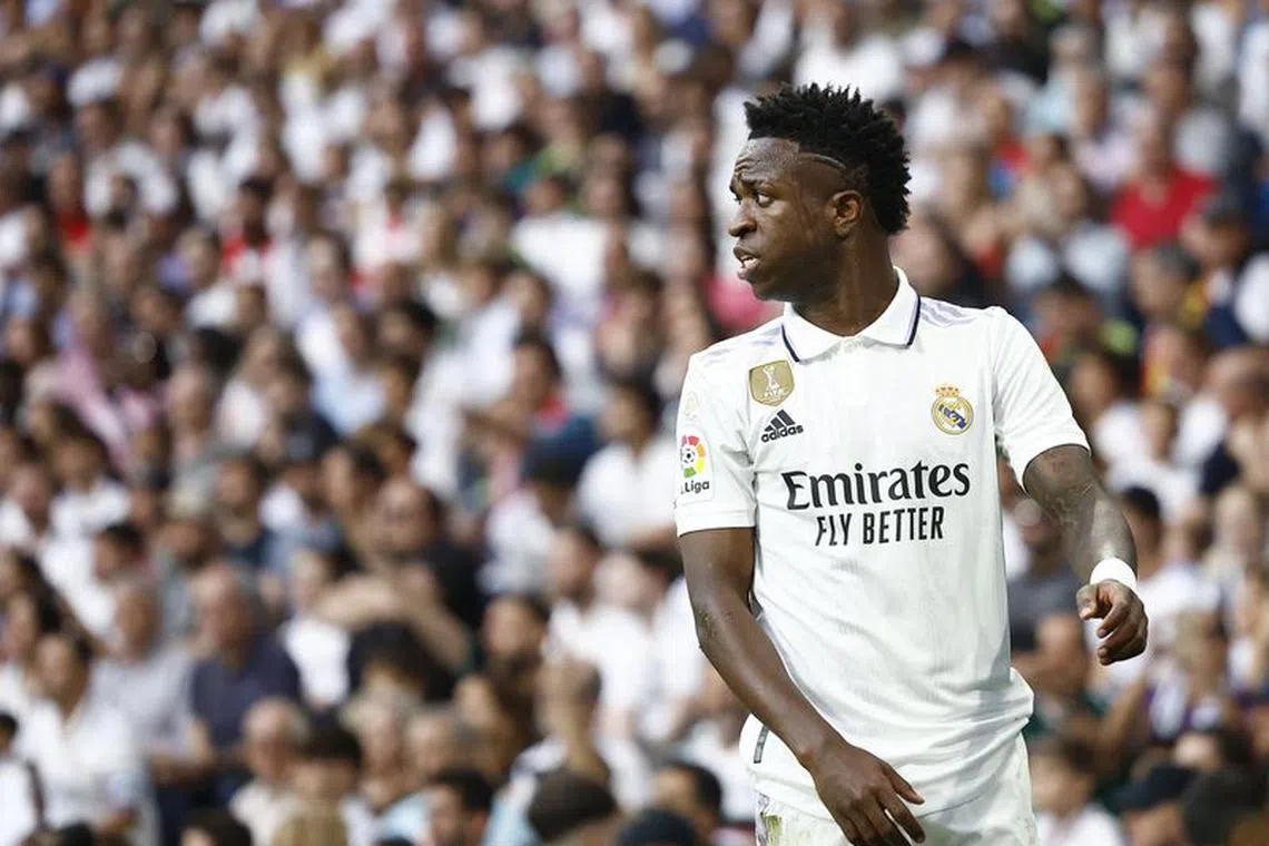 FILE PHOTO: Soccer Football - LaLiga - Real Madrid v Athletic Bilbao - Santiago Bernabeu, Madrid, Spain - June 4, 2023 Real Madrid's Vinicius Junior reacts REUTERS/Juan Medina