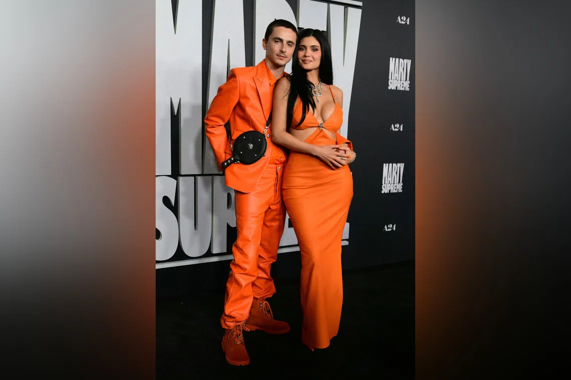 Actor Timothee Chalamet and reality TV star Kylie Jenner at the premiere of Marty Supreme in Los Angeles, US on Dec 8.