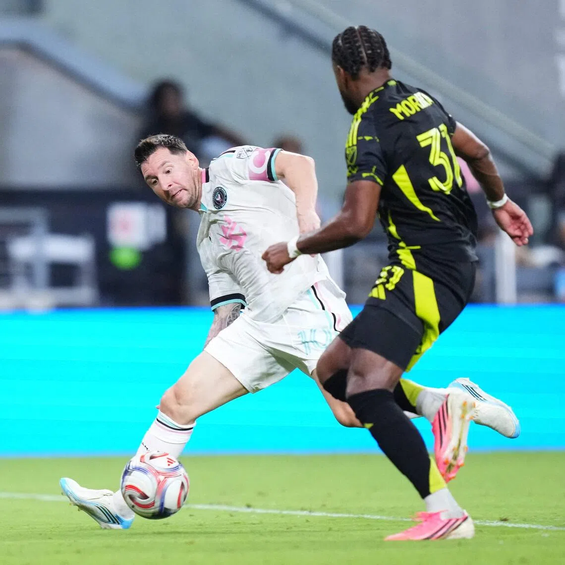 Lionel Messi (left) of Inter Miami CF and Columbus Crew’s Steven Moreira competing for the ball during an MLS match on Aug 1.