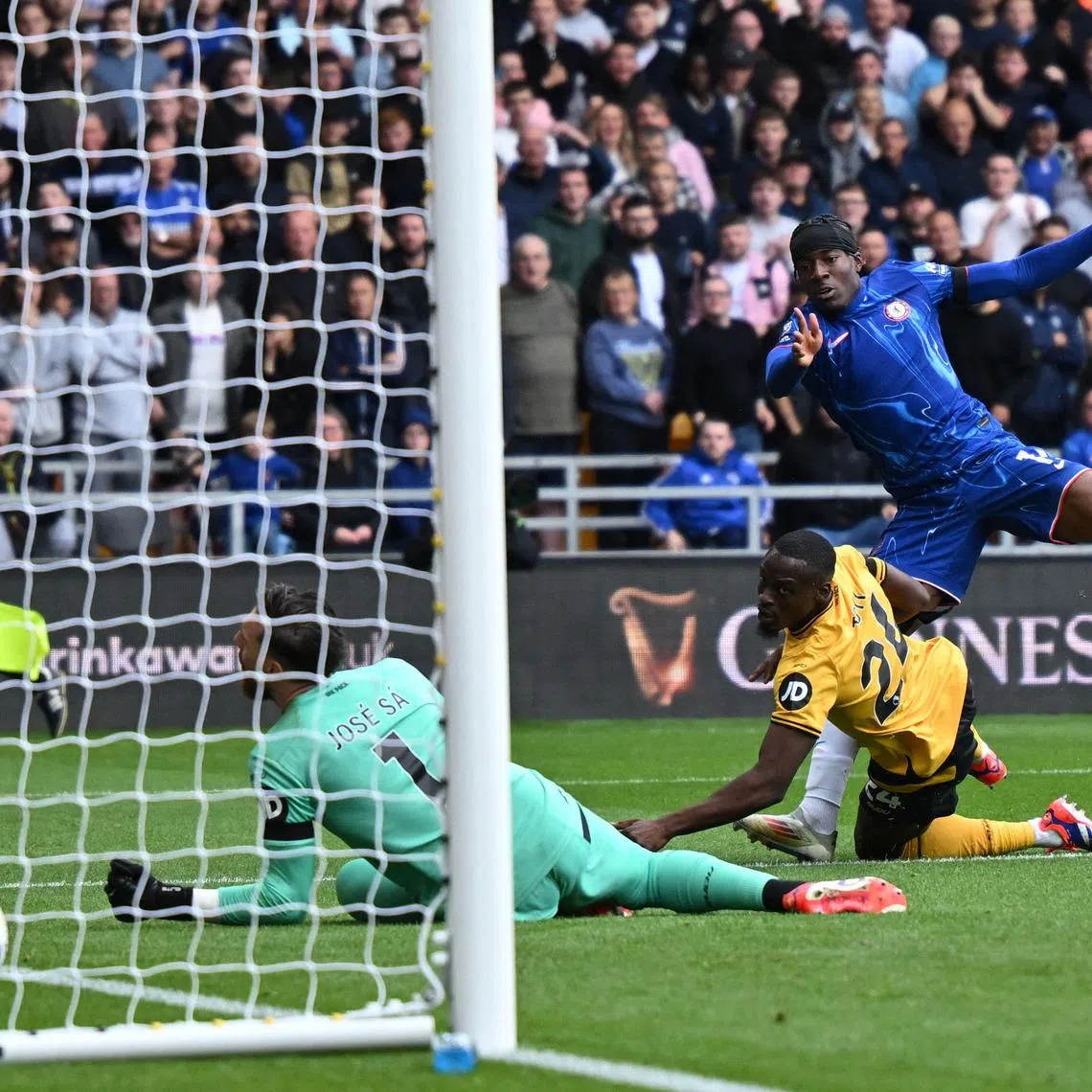 Chelsea forward Noni Madueke scoring Wolverhampton Wanderers at the Molineux stadium on Aug 25. The Blues won 6-2, with Madueke bagging a hat-trick.
