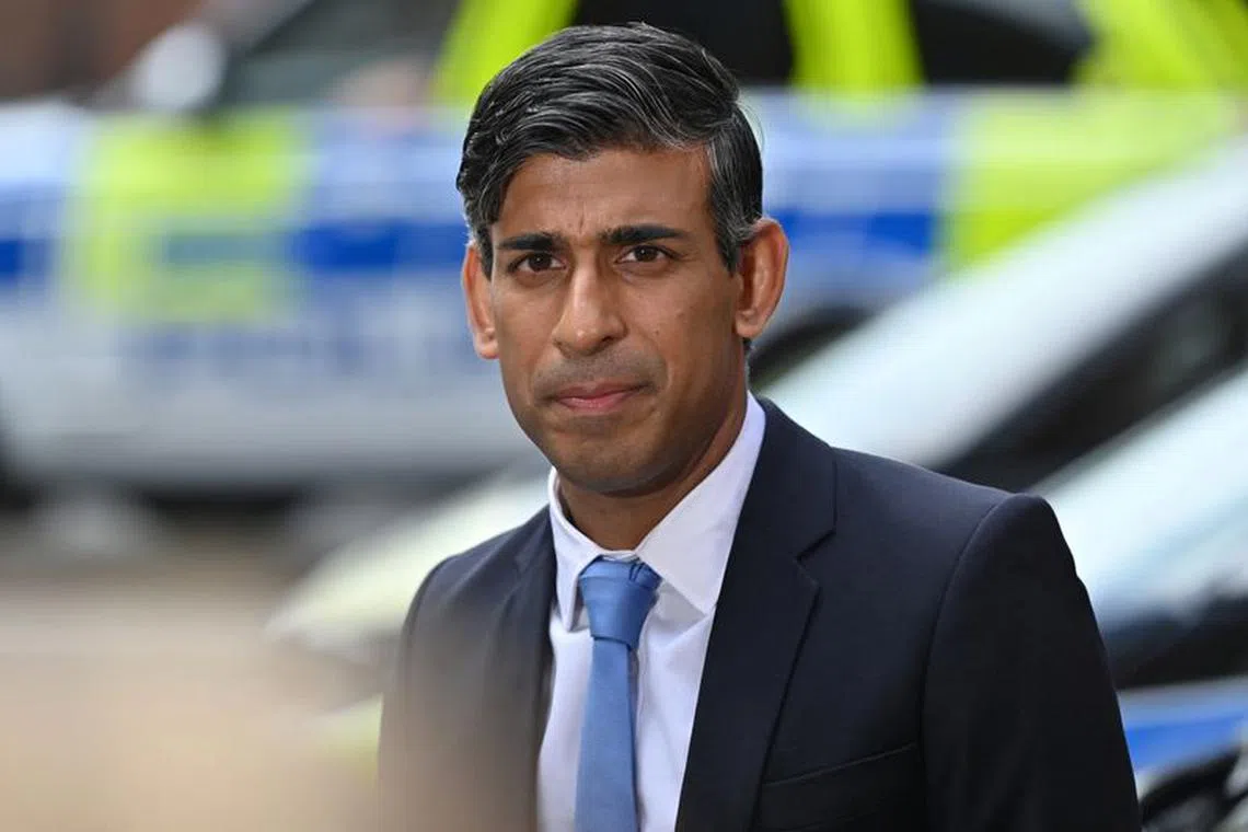 Britain's Prime Minister Rishi Sunak gives a pool interview in the car park of the Kilburn police station following a visit to the premises, northwest of London, Britain August 30, 2023.     JUSTIN TALLIS/Pool via REUTERS/File Photo