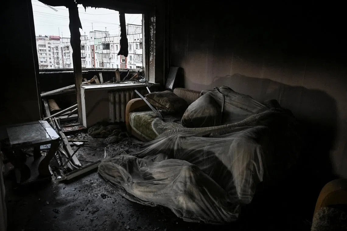 The interior of the damaged flat in an apartment building hit by a Russian drone strike, amid Russia's attack on Ukraine, in Zaporizhzhia, Ukraine February 26, 2026. REUTERS/Stringer