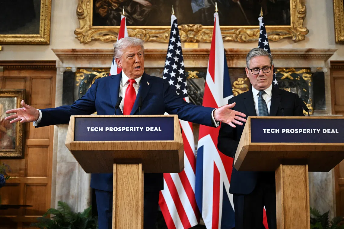 U.S. President Donald Trump talks at a press conference with UK Prime Minister Keir Starmer at Chequers at the conclusion of a state visit on September 18, 2025 in Aylesbury, England.    Leon Neal/Pool via REUTERS
