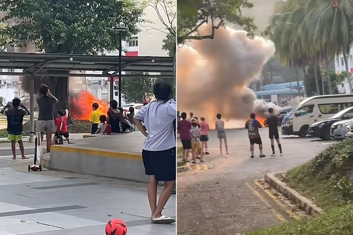 Car on fire in Toa Payoh carpark draws crowd, including kids