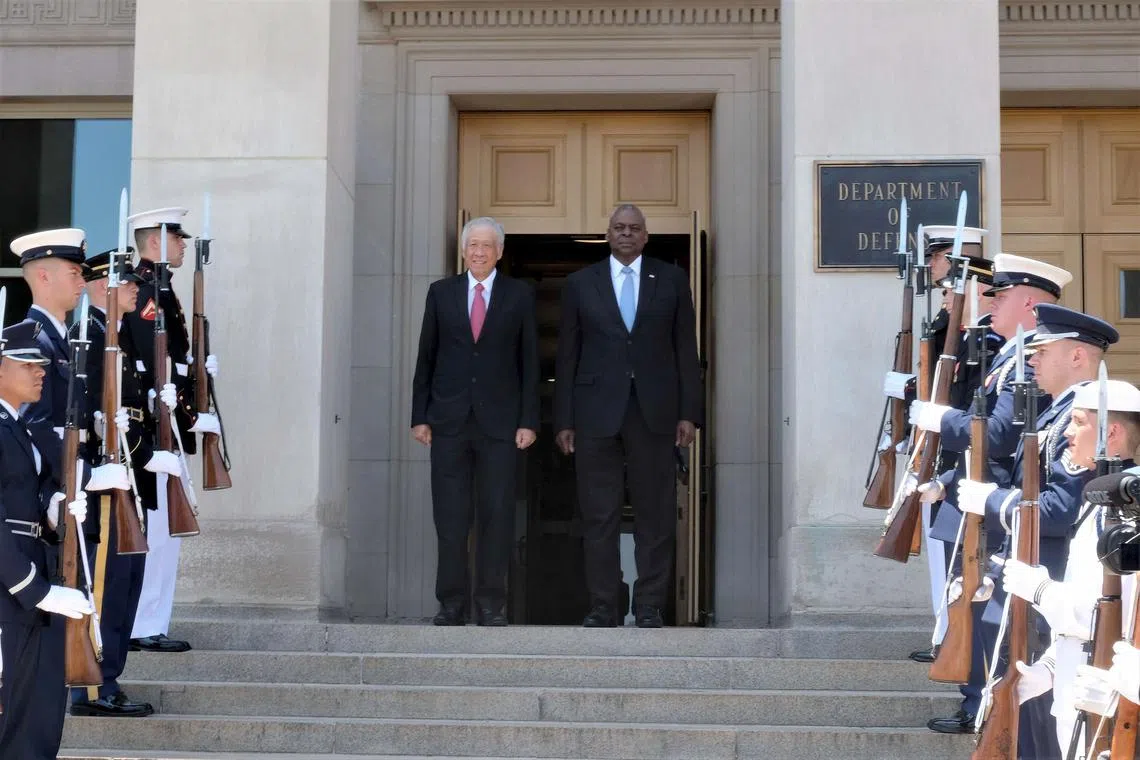Dr Ng Eng Hen (left) and Secretary Lloyd Austin (right) in a meeting at the Pentagon on July 16.