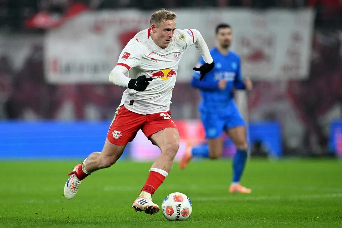 Soccer Football - Bundesliga - RB Leipzig v Bayer Leverkusen - Red Bull Arena, Leipzig, Germany - December 20, 2025 RB Leipzig's Xaver Schlager in action REUTERS/Annegret Hilse
