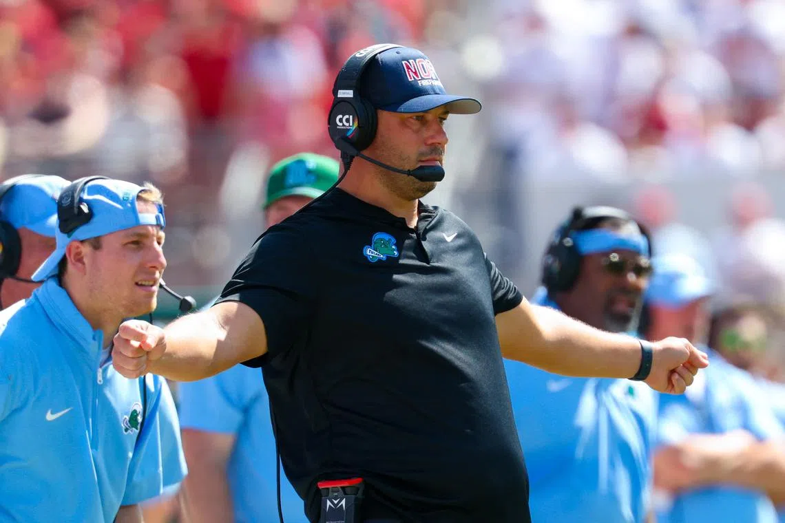 Sep 14, 2024; Norman, Oklahoma, USA;  Tulane Green Wave head coach Jon Sumrall reacts during the first half against the Oklahoma Sooners at Gaylord Family-Oklahoma Memorial Stadium. Kevin Jairaj-Imagn Images/File Photo