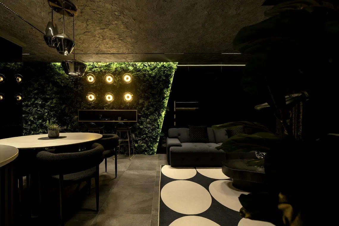 The faux rock ceiling and artificial plant wall add texture and visual interest to this HDB flat.