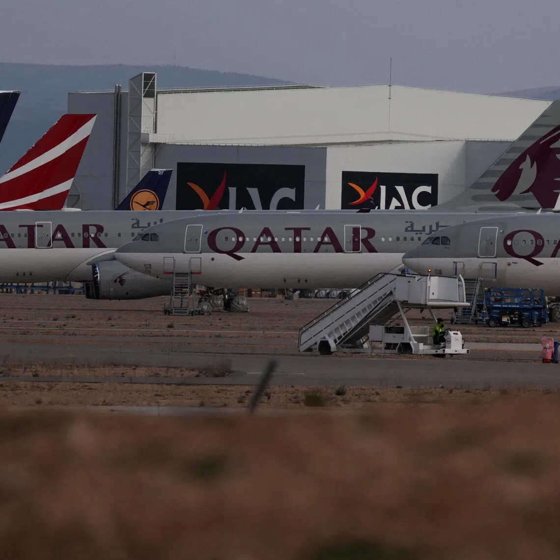 Qatar Airways aircraft parked at Teruel Airport in Spain in March 2026, as the US-Israeli conflict with Iran has badly disrupted travel patterns in the region.