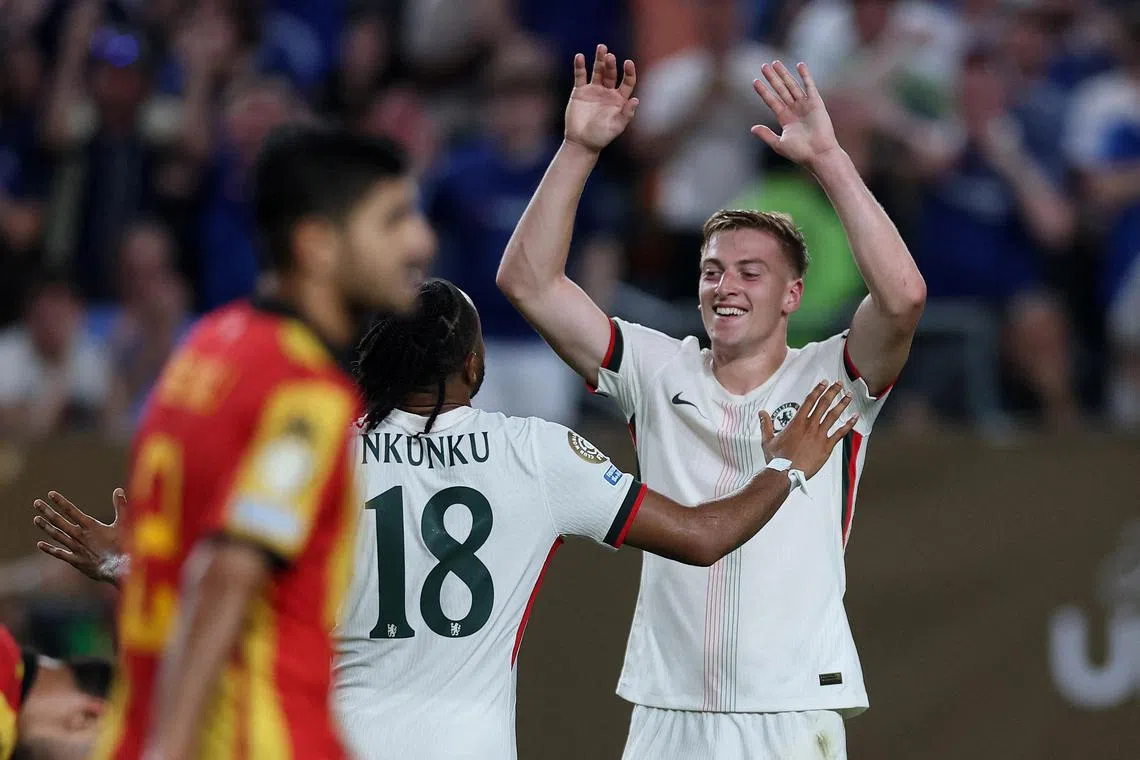 Chelsea's Liam Delap celebrates scoring their second goal with Christopher Nkunku in the 3-0 Club World Cup win over Esperance.