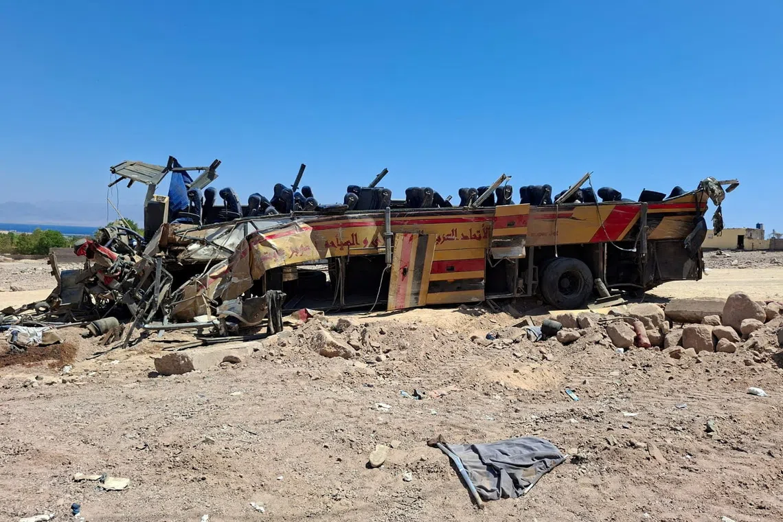 The wreckage of a bus involved in a deadly accident on Dahab-Nuweiba road in South Sinai, Egypt, September 2, 2026. Picture taken with a mobile phone. REUTERS/Stringer