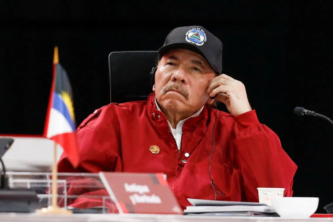 FILE PHOTO: Nicaragua's President Daniel Ortega looks on as he attends a meeting of leaders of the member states of the Bolivarian Alliance for the Peoples of Our America and the Treaty of Commerce and Promotion (ALBA-TCP), in Caracas, Venezuela December 14, 2024. REUTERS/Leonardo Fernandez Viloria/File Photo