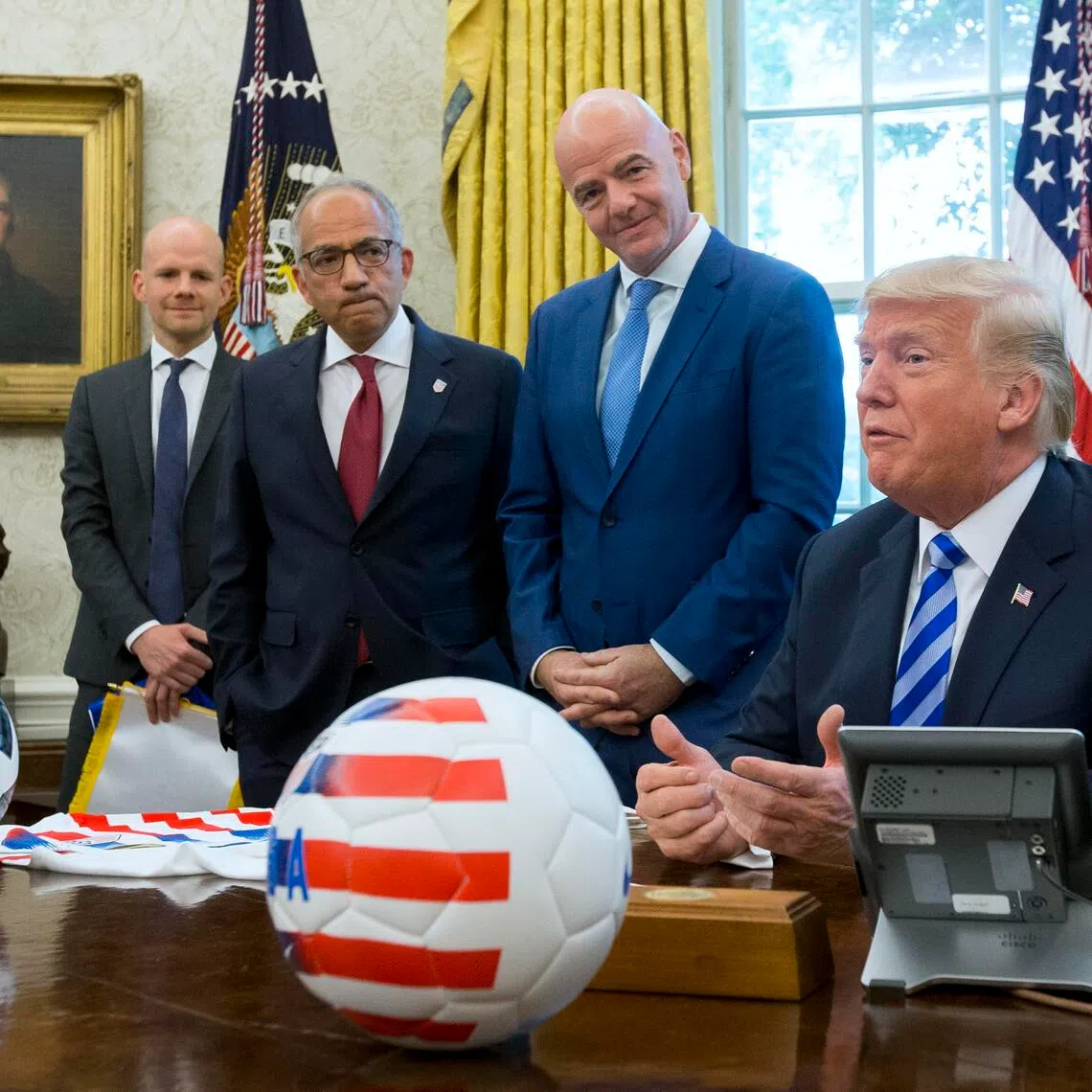 epa13143798 (FILE) - US President Donald J. Trump (R) delivers remarks besides FIFA President Gianni Infantino (2-R), then President of the US Soccer Federation Carlos Cordeiro (2-L) and FIFA Advisor to the President Mattias Grafstrom (L) in the Oval Office of the White House in Washington, DC, USA, 28 August 2018  (re-issued 31 July 2026). Carlos Corderio on 31 July 2026 announced he departs from his role as senior adviser to FIFA president Infantino in protest over the sale of stake to private investors in a yet to be formed FIFA subsidiary.  EPA/MICHAEL REYNOLDS