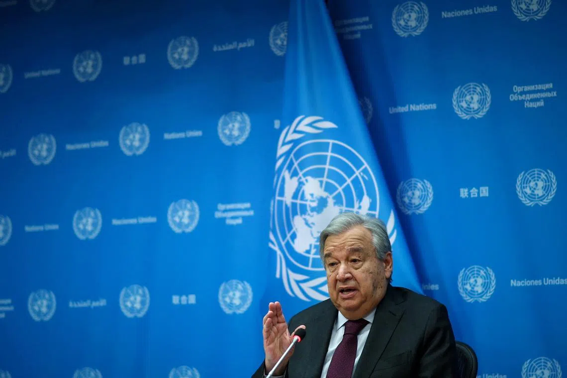 FILE PHOTO: United Nations Secretary General Antonio Guterres speaks during a press conference at U.N. headquarters in New York City, U.S., February 8, 2024. REUTERS/Mike Segar/File Photo