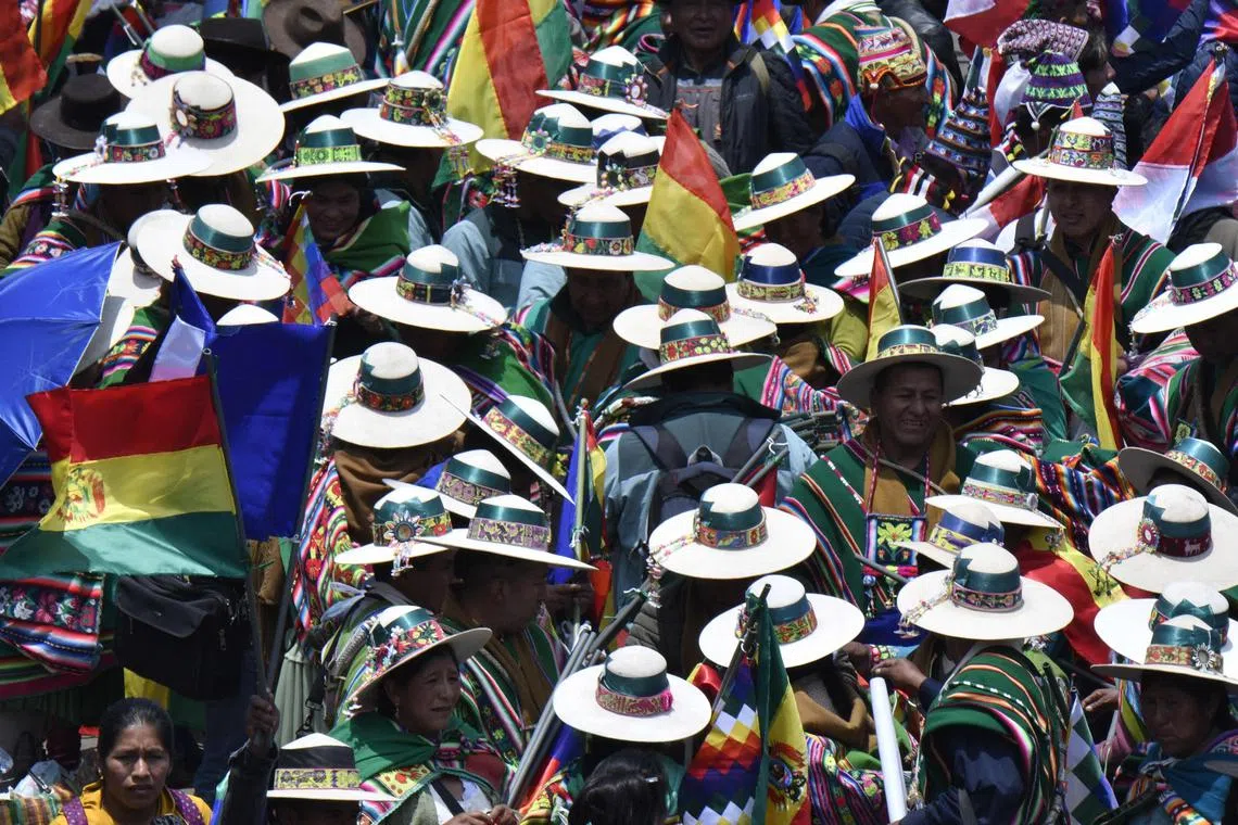 Indigenous people participating in a town hall meeting called by pro-government Movimiento al Socialismo (MAS) militants in El Alto, Bolivia  on October 17, 2023.