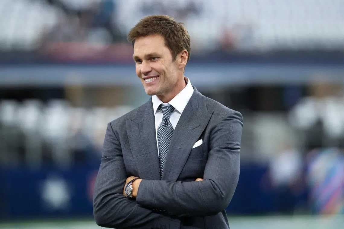 FILE PHOTO: Oct 13, 2024; Arlington, Texas, USA; Fox Sports  broadcaster Tom Brady before the game between the Dallas Cowboys and Detroit Lions at AT&T Stadium. Mandatory Credit: Kevin Jairaj-Imagn Images/File Photo