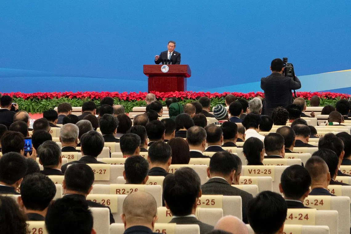 Chinese Premier Li Qiang speaking at the opening ceremony of the China International Import Expo (CIIE) in Shanghai on Sunday. 