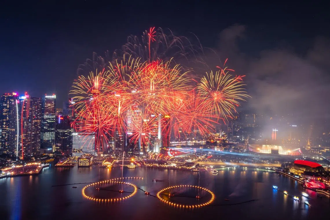 Fireworks illuminate the night sky over Marina Bay during the NDP 2025 at the Padang as seen from MBS SkyPark Observation Deck on Aug 9, 2025.