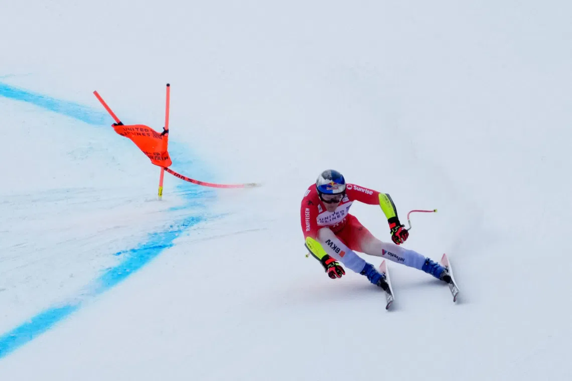 Nov 27, 2025; Copper, Colorado, USA;  Marco Odermatt of Switzerland in the men's Super G alpine skiing race at the Stifel Copper Cup at Copper Mountain. Mandatory Credit: Michael Madrid-Imagn Images