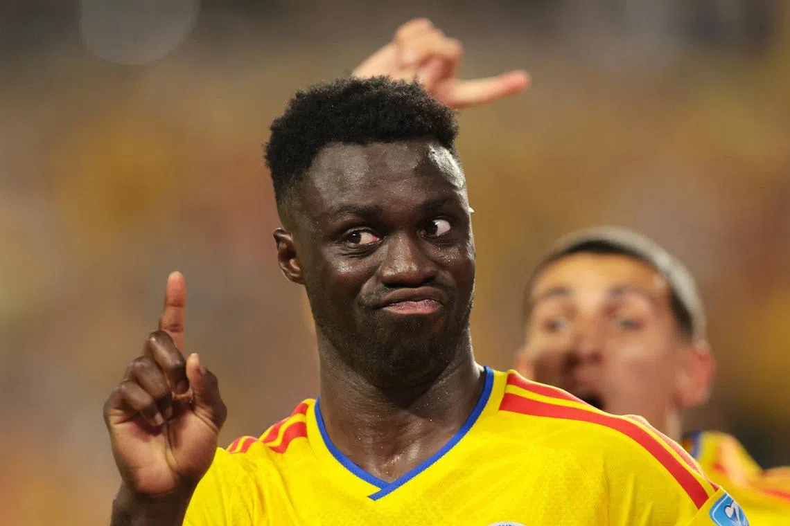 Colombia’s Davinson Sanchez reacts after scoring a goal that was later disallowed.
