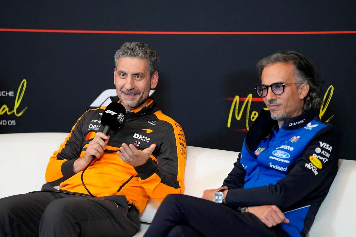 Formula One F1 - Canadian Grand Prix - Circuit Gilles Villeneuve, Montreal, Quebec, Canada - May 22, 2026 McLaren team principal Andrea Stella and Red Bull team principal Laurent Mekies during a press conference ahead of the Canadian Grand Prix REUTERS/Mathieu Belanger