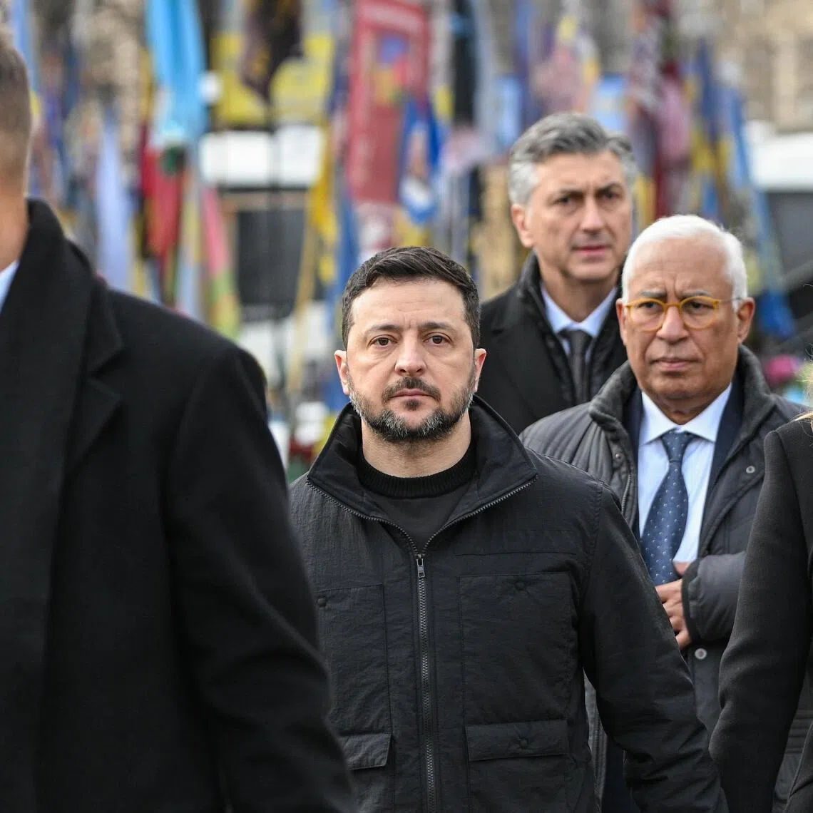 Ukrainian President Volodymyr Zelensky (centre) and EU Council president Antonio Costa (far right), together with other world leaders, taking part in a ceremony in Kyiv on Feb 24 marking the fourth anniversary since Russia's full-scale invasion of Ukraine.
