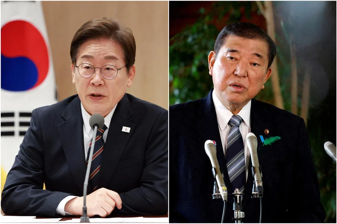 South Korean President Lee Jae-myung (left) will hold a summit with Japanese Prime Minister Shigeru Ishiba on the sidelines of the G-7 summit on June 17 in Canada.