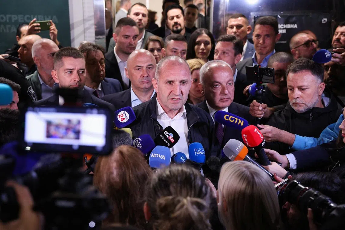 Rumen Radev, former Bulgarian president and leader of Progressive Bulgaria coalition, speaks to the media after the first exit polls at the parliamentary election, in Sofia, Bulgaria, April 19, 2026. REUTERS/Spasiyana Sergieva