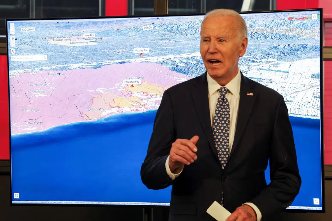 U.S. President Joe Biden speaks, during a visit to a Santa Monica Fire Station to receive a briefing from Cal Fire officials on the Palisades wildfire, in Santa Monica, Los Angeles County, California, U.S., January 8, 2025. REUTERS/Kevin Lamarque