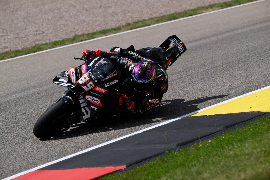 FILE PHOTO: MotoGP - German Grand Prix - Sachsenring, Hohenstein-Ernstthal, Germany - July 12, 2026 Aprilia Racing's Jorge Martin in action during the MotoGP race REUTERS/Annegret Hilse/File Photo