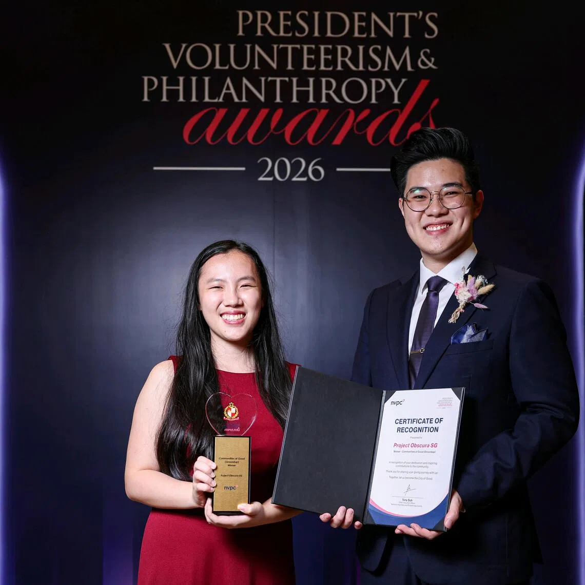 (From left) Rachel Goh, 23, and Ethan Tan, 22, co-founders of Project Obscura, which won the Communities for Good (Groundup) award at the President’s Volunteerism and Philanthropy Awards 2026.