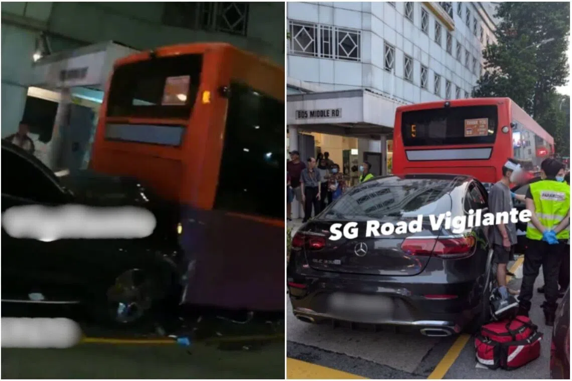 The engine compartment of the bus and the car’s bonnet were badly damaged after the crash.