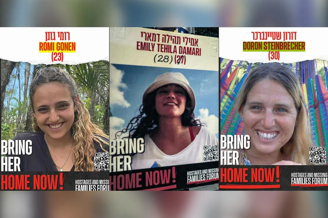 (From left) Ms Romi Gonen, Ms Emily Damari and Ms Doron Steinbrecher were the three Israeli female hostages released on Jan 19,