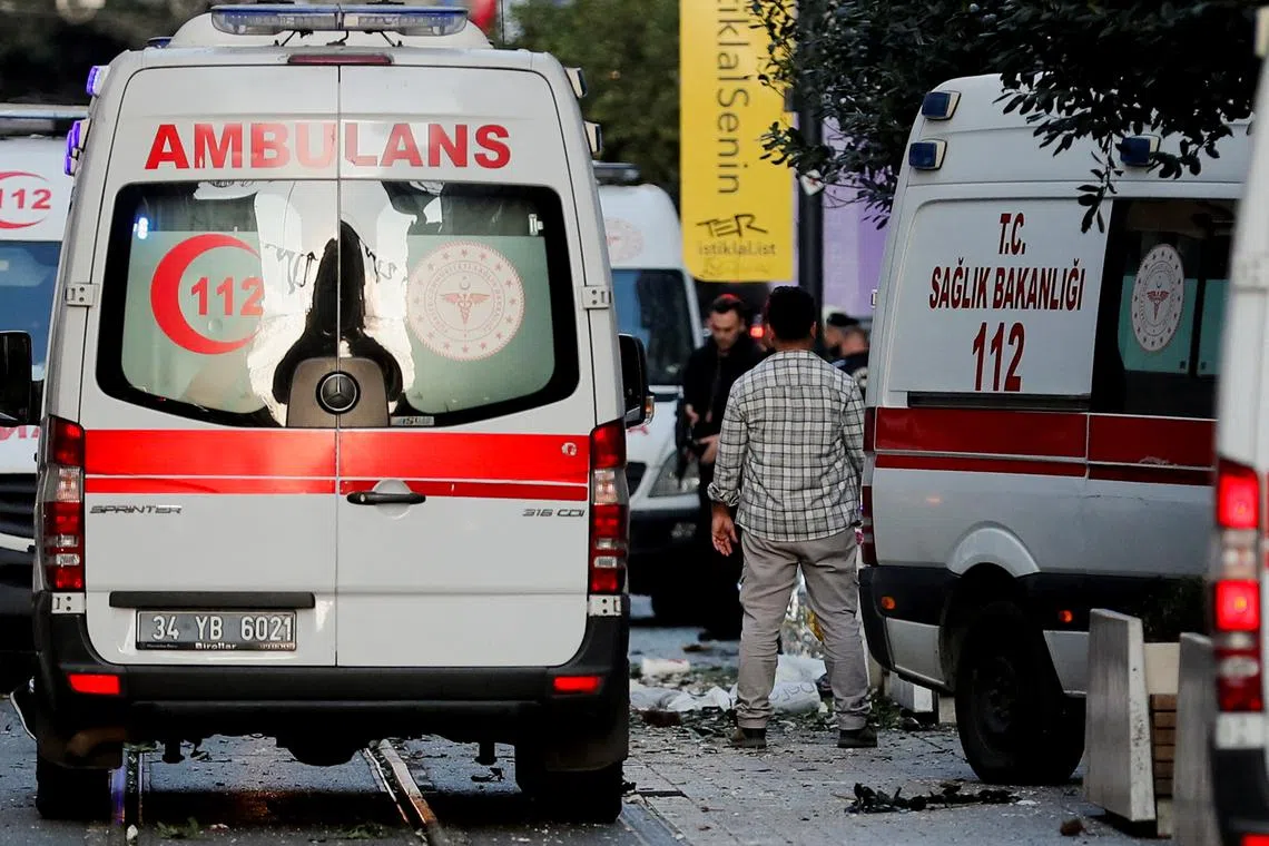 FILE PHOTO: View of ambulances and police at the scene after an explosion on busy pedestrian Istiklal street in Istanbul, Turkey, November 13, 2022. REUTERS/Kemal Aslan/File Photo