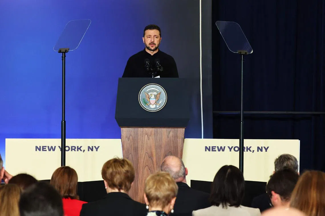 Ukrainian President Volodymyr Zelensky speaking at an event with world leaders on Sept 25, in New York City.