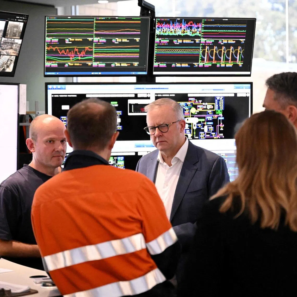 Australia Prime Minister Anthony Albanese speaks to Viva Energy staff in the control room of the Geelong Oil Refinery on April 17.