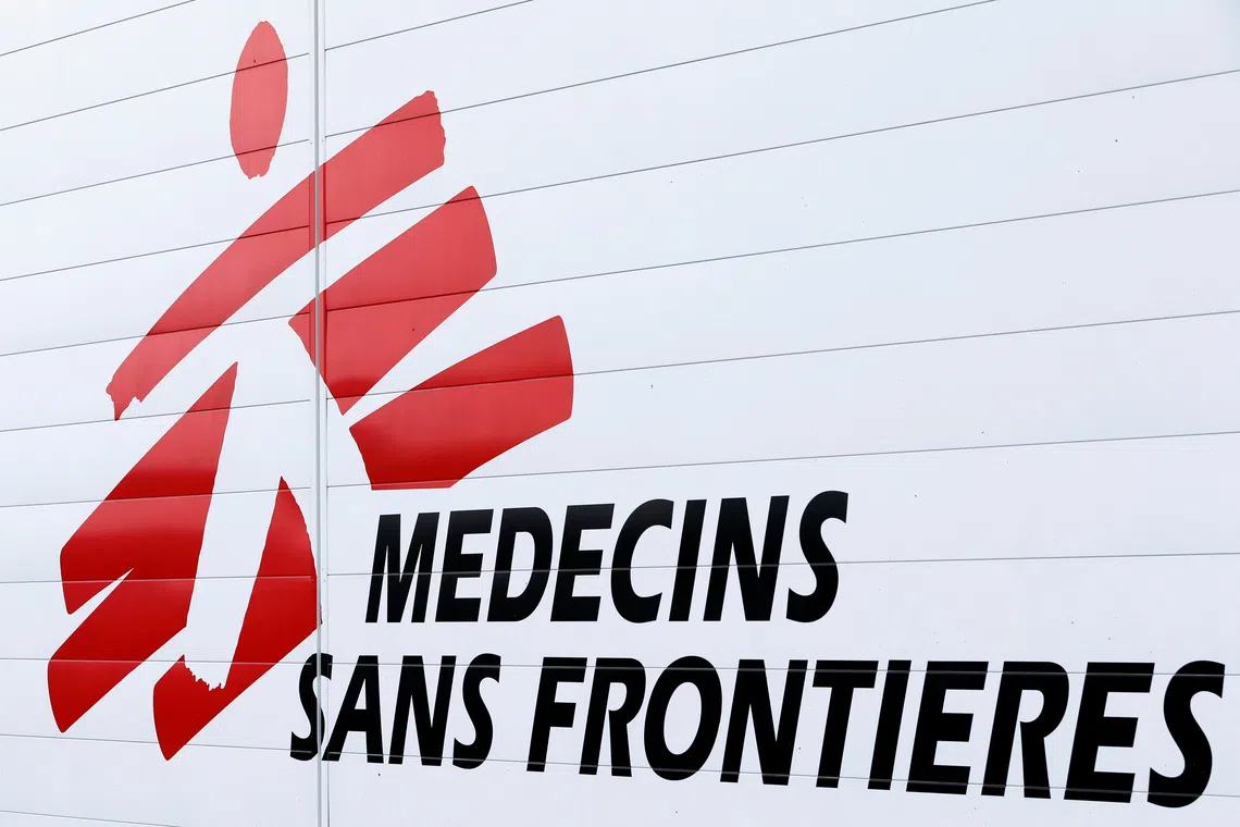 FILE PHOTO: The logo of Medecins Sans Frontieres (MSF - Doctors Without Borders) is seen at the international medical humanitarian organisation MSF logistique centre in Merignac near Bordeaux, France, December 6, 2018. REUTERS/Regis Duvignau/File Photo