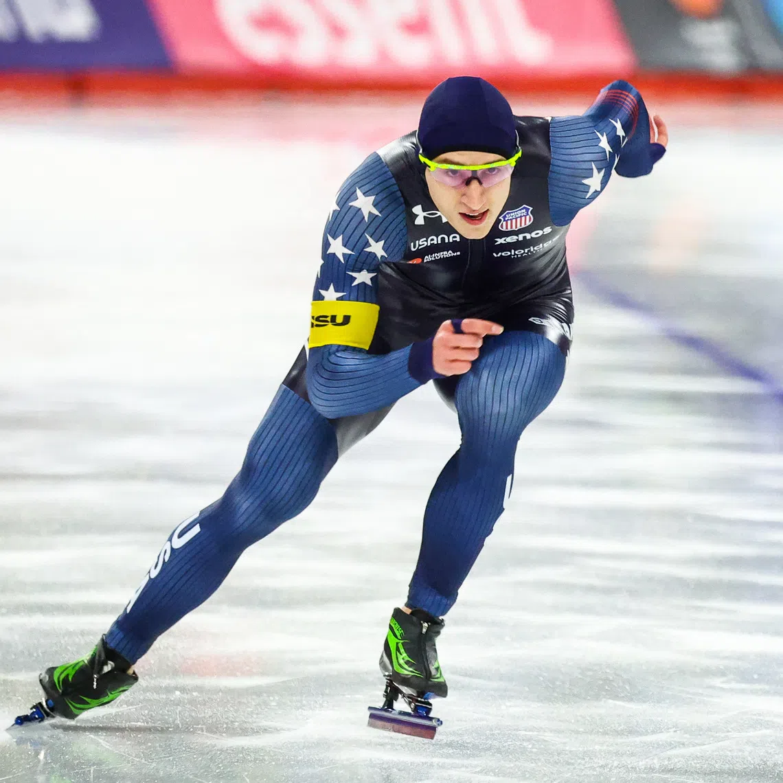 Nov 23, 2025; Calgary, Alberta, CANADA; Jordan Stolz of USA competes in the men's 500m during the ISU Speedskating World Cup at Calgary Olympic Oval. Mandatory Credit: Sergei Belski-Imagn Images