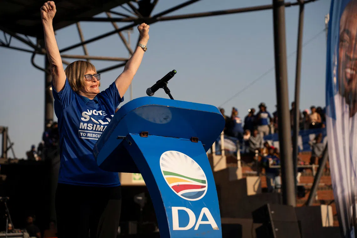 FILE PHOTO: Helen Zille, Chairperson of the Federal Council of the Democratic Alliance, addresses supporters at an election rally in Soweto, South Africa May 22, 2024. REUTERS/Ihsaan Haffejee/File Photo