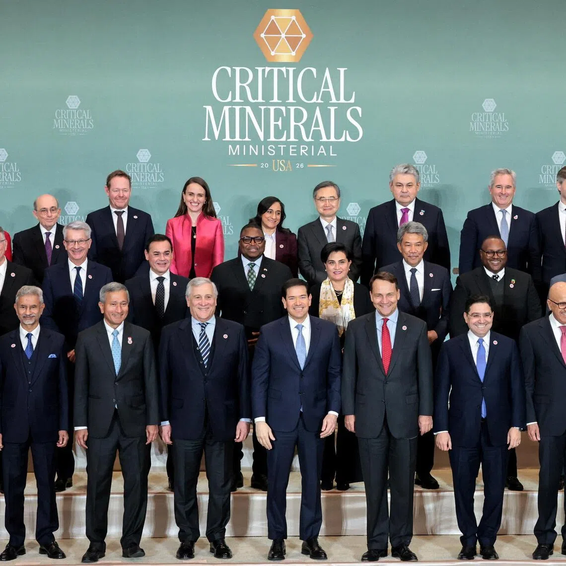U.S. Secretary of State Marco Rubio and other government officials pose for a family photo on the day of the Critical Minerals Ministerial, at the State Department in Washington D.C., U.S., February 4, 2026. REUTERS/Jonathan Ernst
