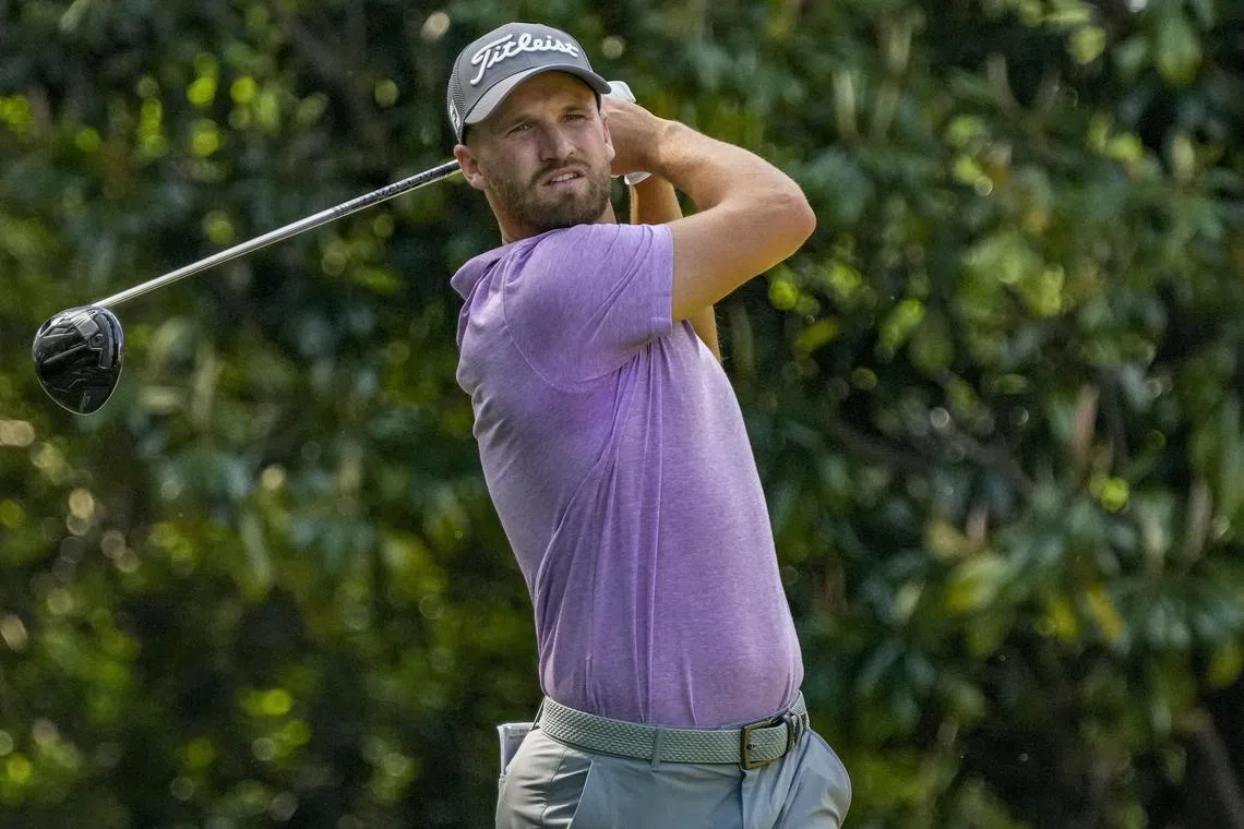 Wyndham Clark hitting his tee shot on the 16th hole during the third round of the Wells Fargo Championship golf tournament on Saturday. 
