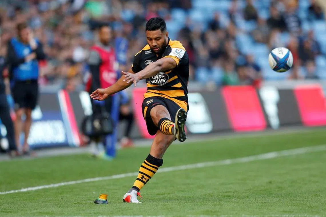 FILE PHOTO: Rugby Union - European Rugby Champions Cup - Wasps v Bath Rugby - Ricoh Arena, Coventry, Britain - October 16, 2018  Wasps' Lima Sopoaga kicks a conversion  Action Images via Reuters/Ed Sykes/File Photo