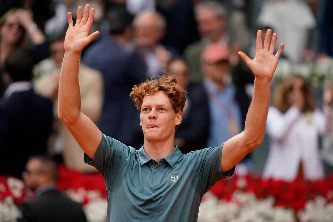 Tennis - Madrid Open - Park Manzanares, Madrid, Spain - May 3, 2026 Italy's Jannik Sinner celebrates winning the men's final against Germany's Alexander Zverev REUTERS/Ana Beltran