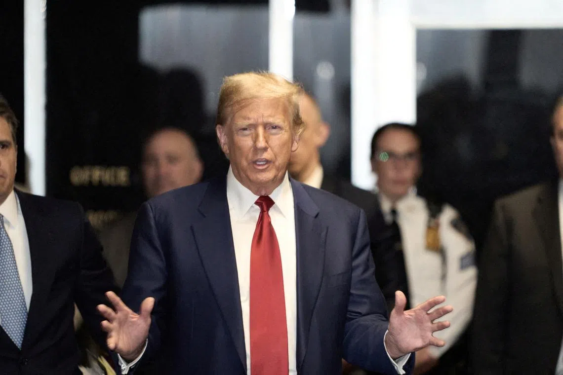 FILE PHOTO: Former U.S. President Donald Trump leaves Manhattan Criminal court after a hearing in the upcoming hush money trial, in New York City, U.S., March 25, 2024. Curtis Means/Pool via REUTERS/File Photo