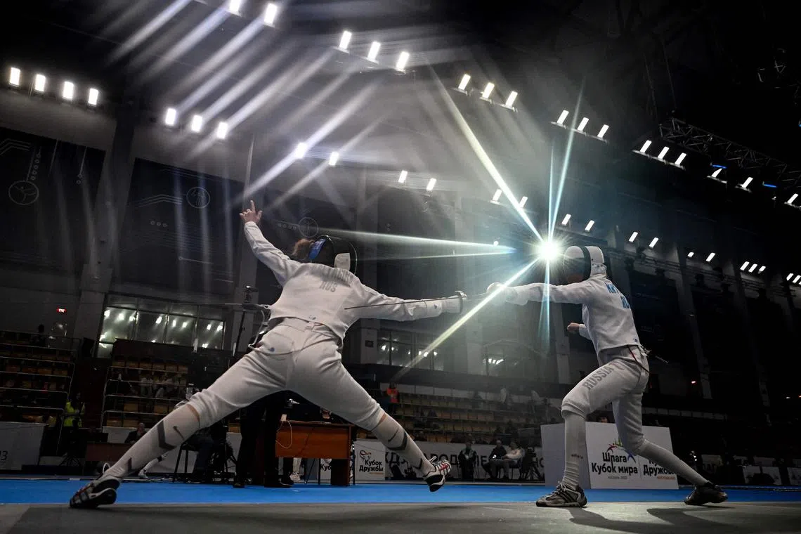 Russia's Anastasia Balyagina and Russia's Galina Krymova (right) competing in the international fencing event, the Friendship Cup in the Russian city of Kazan on the Volga River on March 31. For Russia's fencing champions, a ruling to allow them to return to international competition has meant little change for now, as different European countries have cancelled their fixtures in protest.