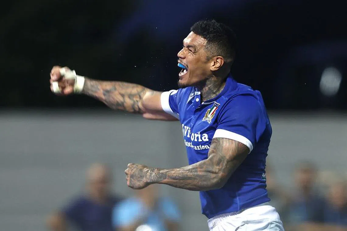Rugby Union -  Italy v Japan - World Cup Warm Up - Stadio Comunale Monigo, Treviso, Italy - August 26, 2023 Italy's Monty Ioane celebrates scoring a try Action Images via Reuters/Borut Zivulovic/File Photo