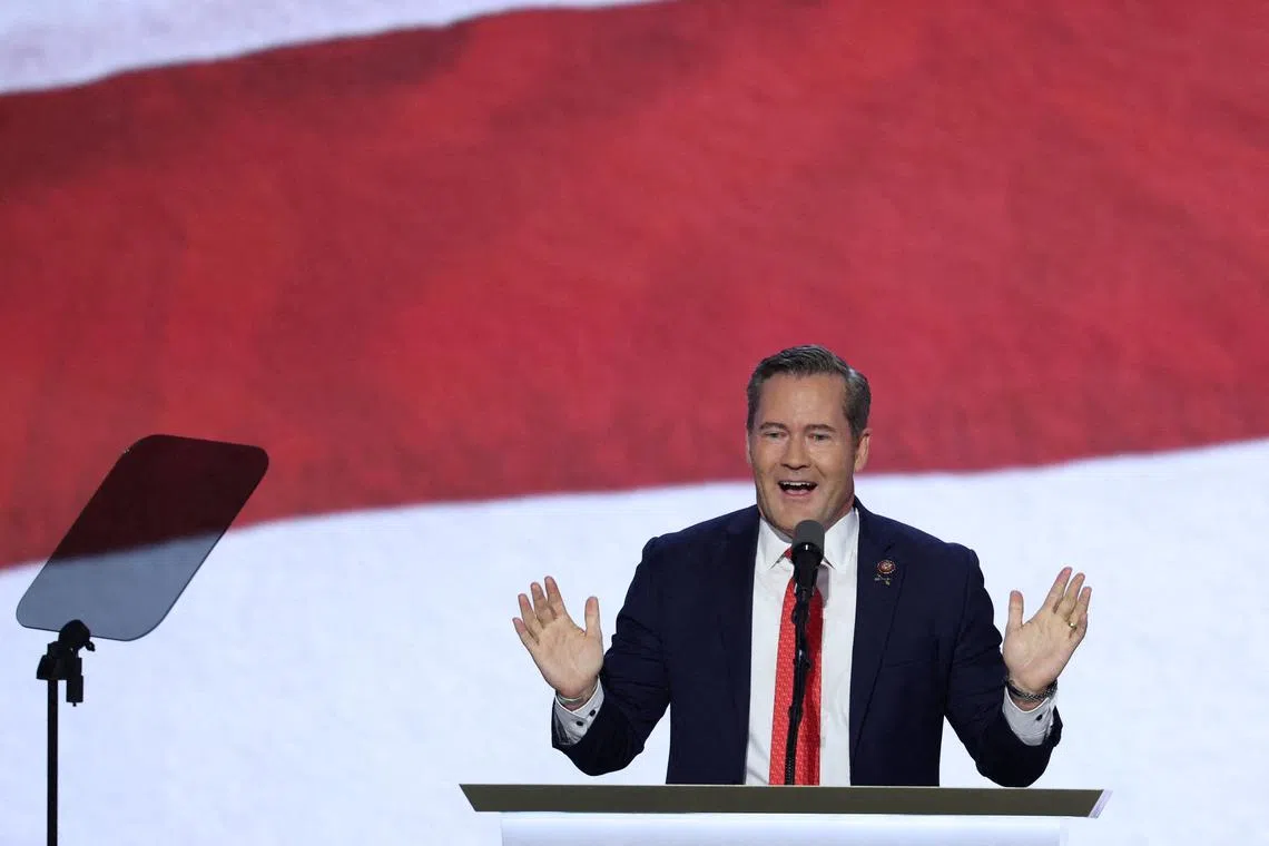FILE PHOTO: Rep. Michael Waltz (FL) gestures on Day 3 of the Republican National Convention (RNC), at the Fiserv Forum in Milwaukee, Wisconsin, U.S., July 17, 2024. REUTERS/Mike Segar/File Photo