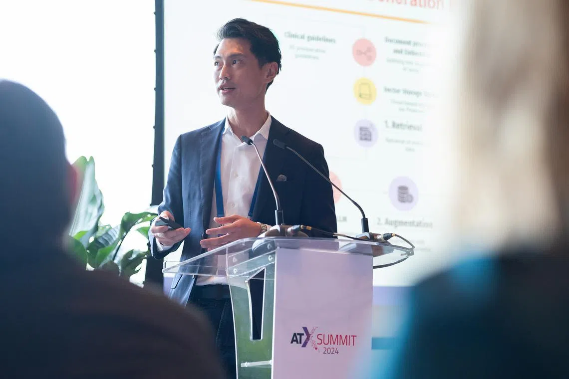 azhealth29 - Associate Professor Daniel Ting, director of SingHealth's Artificial Intelligence Office, speaking at Charting the Next Phase: Emerging Trends for AI in Health - part of the Asia Tech x Singapore event - at the Capella Singapore hotel on May 29, 2024.

Credit: Infocomm Media Development Authority