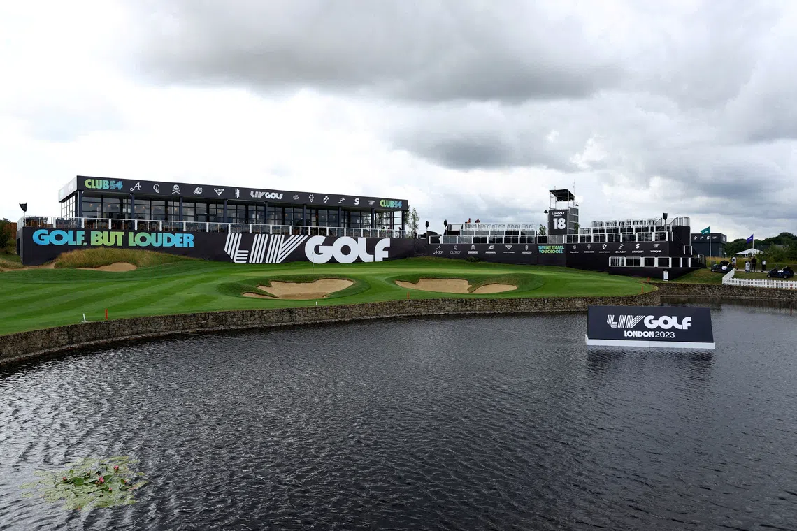 FILE PHOTO: Golf - LIV Golf Invitational - London - Centurion Golf Club, St Albans, Britain - July 5, 2023 General view of the 18th hole at the Centurion Golf Club Action Images via Reuters/Paul Childs/File Photo
